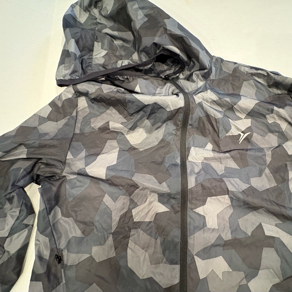 Old Navy Black Gray Camouflage Small Full zip Hooded Windbreaker NWT - Picture 3 of 12